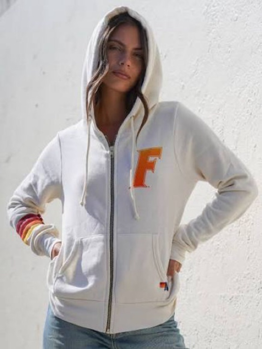 Aviator Nation UFlorida Zip Hoodie with Orange 'F' and Rainbow Sleeve Stripes